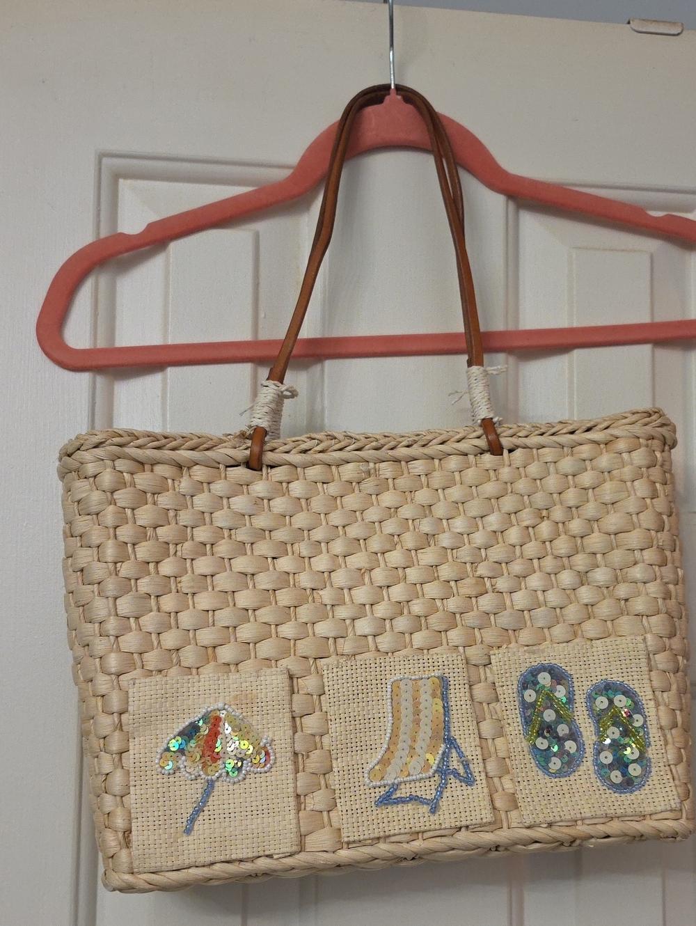Woven Straw Tote Bag with Sequin Beach Motifs - Natural
